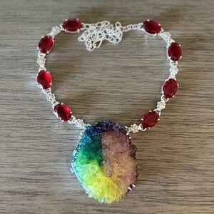 0600 Handcrafted Necklace with Red and Multicolor Gemstones Statement Jewelry